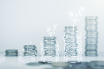 Virtual cash savings illustration on stacks of coins background. Retirement savings and capital...