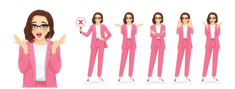 Portrait of casual beautiful business woman showing negative emotions with different gestures set isolated vector illustration