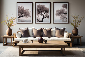Step into a tranquil living room featuring white and dark brown sofas paired with a wooden table. 