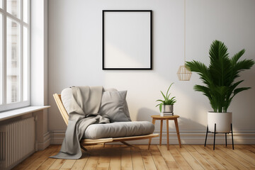 a beautiful interior of a very cozy and bright house with mockup ideas for paintings and photographs