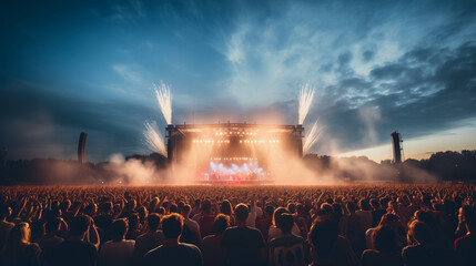 audience at an outdoor concert at stadium arena, Ai generated image. - obrazy, fototapety, plakaty