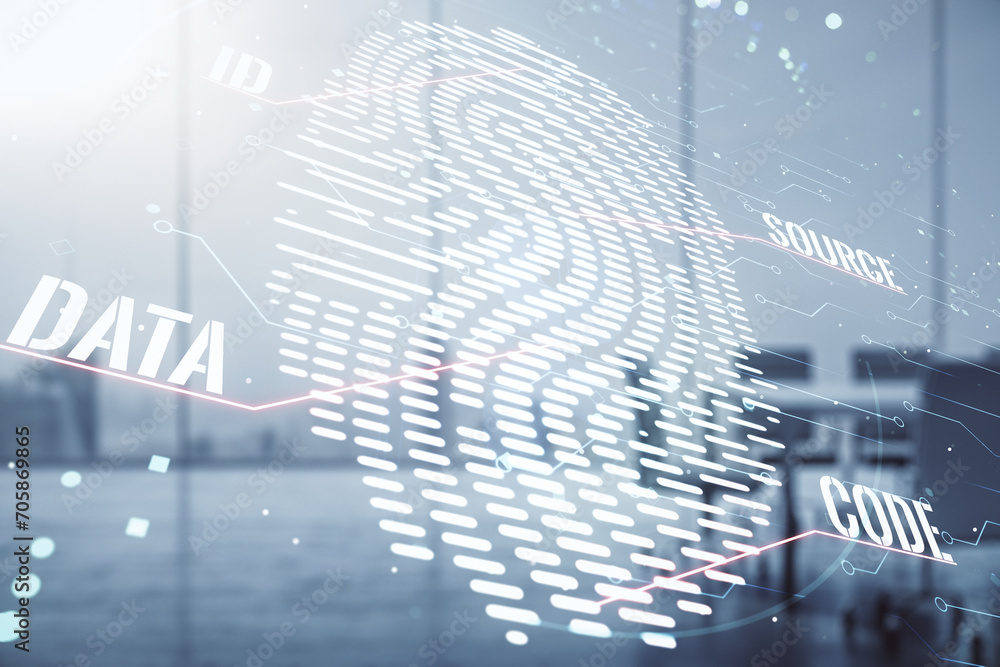 Poster Multi exposure of virtual fingerprint scan interface on a modern furnished office interior background, digital access concept