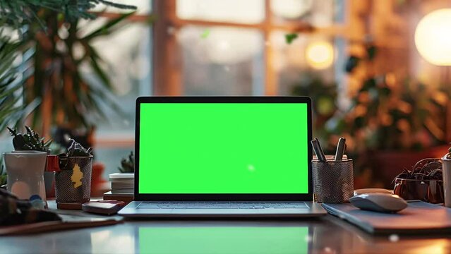 laptop mockup with blank green screen in blurry background