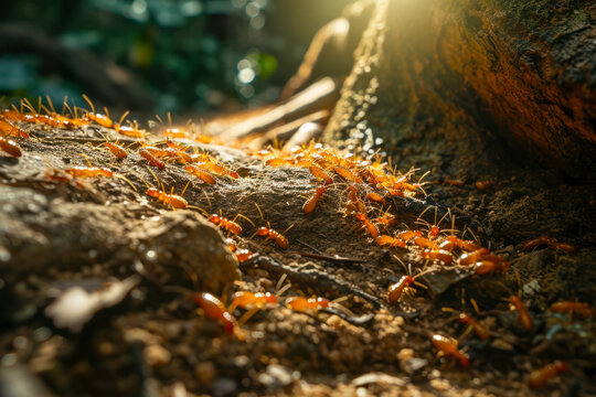 Termite foraging trail, a captivating image featuring a termite foraging trail on a forest floor or other natural setting.