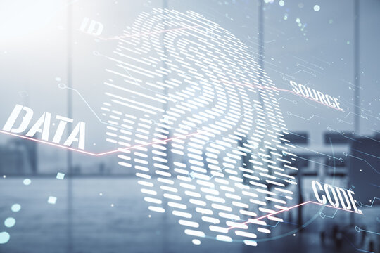 Multi exposure of virtual fingerprint scan interface on a modern furnished office interior background, digital access concept - Powered by Adobe