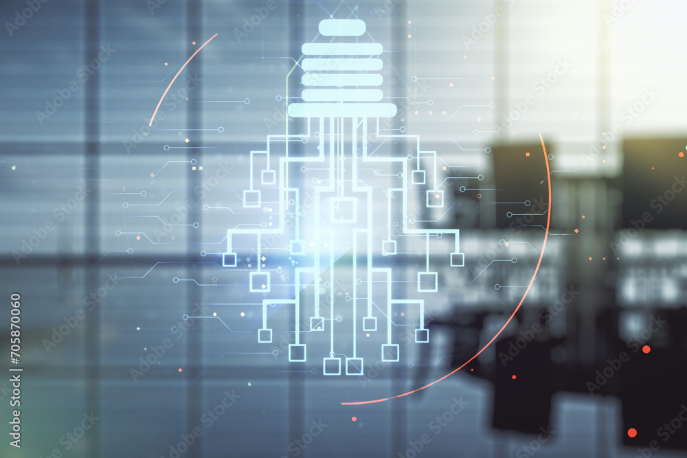 Poster Virtual creative idea concept with light bulb and microcircuit illustration on a modern conference room background. Neural networks and machine learning concept. Multiexposure