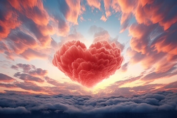 Pink Clouds Hearts Love in Blue Sky Evening Cloudscape. Dramatic Sky Vibrant Valentine's Day...