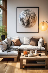 Transform your space with a modern living room featuring a big mock-up poster and a wooden coffee table adorned with a stylish ball lamp. 