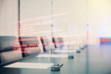 Abstract virtual coding concept on a modern conference room background. Multiexposure