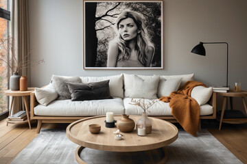 Transport yourself to a cozy yet stylish modern living room, where a round wooden coffee table complements a white sofa against a wall adorned with a carefully chosen poster frame. 