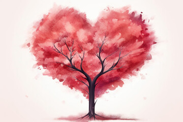 Tree of Love: Vintage Watercolor Illustration of a Heart Tree Landscape. Perfect for Valentine's Day Background