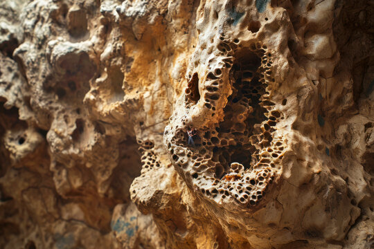 Termite mound architecture, a detailed shot featuring the intricate structure of a termite mound, showcasing the earthy texture, tunnels.