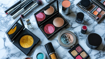 Sleek makeup products arranged on a marble surface, reflecting beauty and elegance. - obrazy, fototapety, plakaty