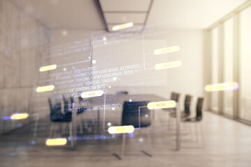 Obraz premium Abstract virtual coding concept on a modern conference room background. Multiexposure