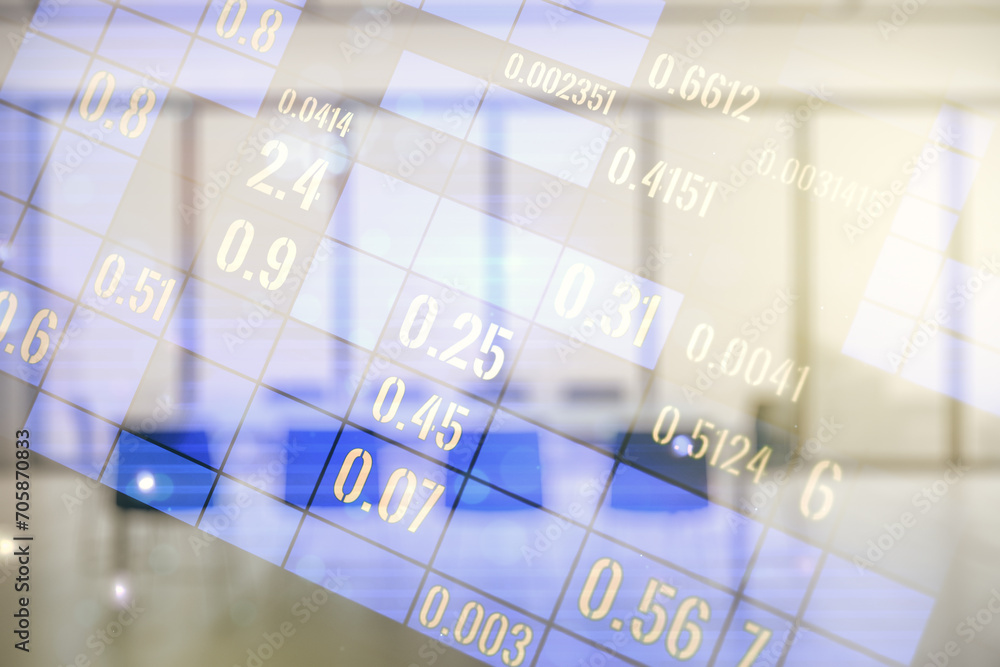 Poster Double exposure of abstract virtual statistics data hologram on a modern meeting room background, statistics and analytics concept