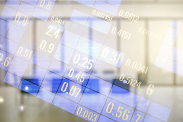 Double exposure of abstract virtual statistics data hologram on a modern meeting room background, statistics and analytics concept