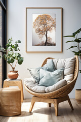 Visualize a boho-chic haven with a wicker chair, floor vases, and a blank mockup poster frame adorning a modern living room's white wall. 