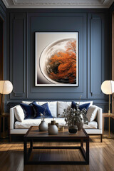 Fototapeta na wymiar Visualize a contemporary living room where a big mock-up poster takes center stage, complemented by a wooden coffee table featuring a chic ball lamp. 