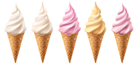 Many different templates Soft serve ice cream in a waffle cone on a transparent background, PNG file. - obrazy, fototapety, plakaty