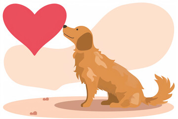 Golden Retriever and big red heart. Love and friendly relations concept. Copy space.