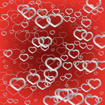 Red background with silver confetti hearts, design element. St. Valentine Day. Celebration pattern. Design for Banner.