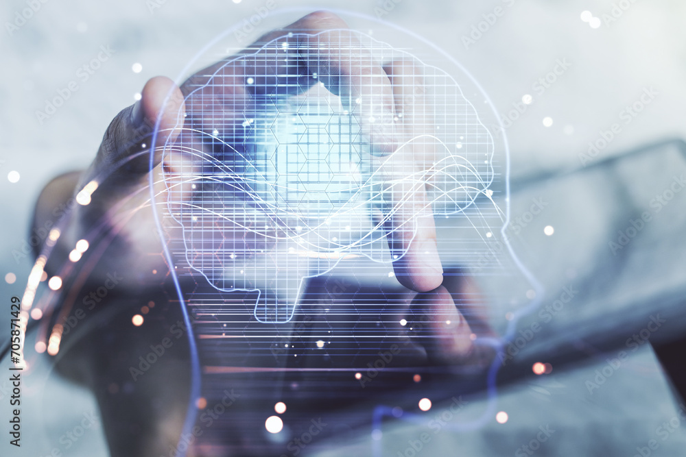Poster double exposure of creative artificial intelligence symbol with finger clicks on a digital tablet on