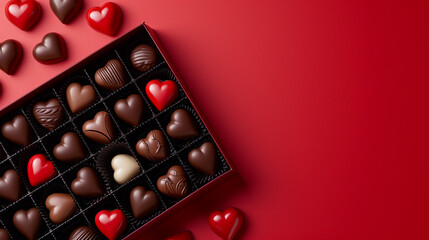 Delicious heart shaped chocolates in gift box on a red background. St Valentines Day concept. Copy...