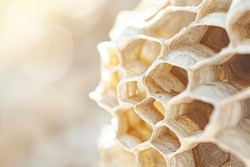 Hornet nest close-up, a detailed shot featuring the intricate structure of a wasp nest. - obrazy, fototapety, plakaty