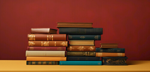 An intricately designed and perfectly balanced stack of vibrant books against a solid, muted gold backdrop.