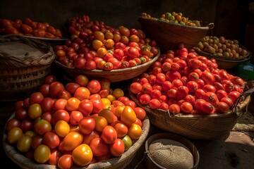 Naklejka na ściany i meble an assortment of ripe tomatoes being sold at the market. Generative AI