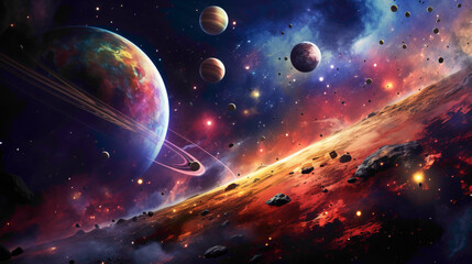 A celestial collision of planets and asteroids in a cosmic dance of vibrant colors against a deep space backdrop.