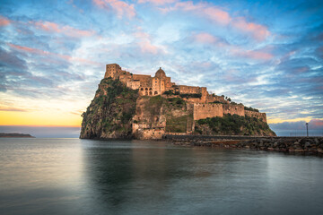 Ischia, Italy with Aragonese Castle in the Mediterranean - obrazy, fototapety, plakaty