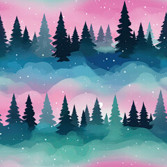 Enchanted Forest under the Northern Lights, Dreamy Colorful Forest Painting, Seamless Pattern Images