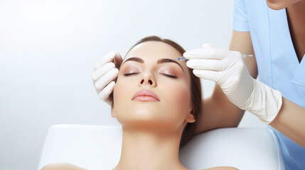 Naklejka premium Beauty woman receiving cosmetic injection in face on white background. Cosmetic procedure