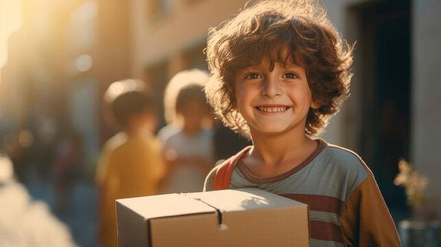 Smiling child holding a large box with food and a toy. Distributing charity packages to homeless children