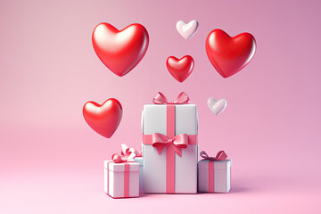 Valentine's Day 3D Heart-Shaped Balloons and Flying Gift Box with Gift Boxes on Pink Background