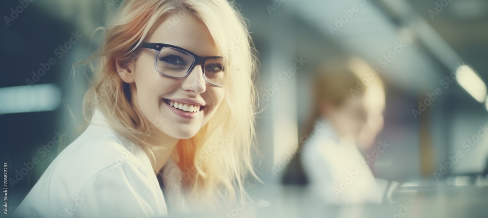 Poster female research team finding clear solution in lab with copy space on blurred background