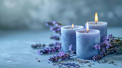 Obraz na płótnie Canvas Burning aromatic candles with a bouquet of lavender on a purple table. Copy space.