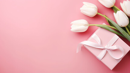 Valentine's Day and Mother's Day Background: Spring White Tulip Flower Gift Box with Ribbon on Flat Lay Pink Background