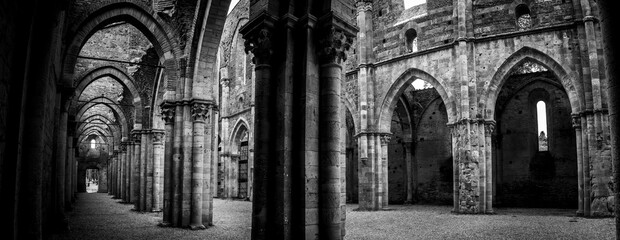 Nave of the ruined and abandoned Cistercian monastery San Galgano in the Tuscany
