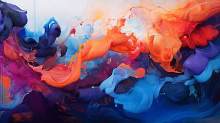 Vibrant bursts of coral and cobalt in a dance of liquid abstraction, frozen in time with stunning clarity and vivid detail.
