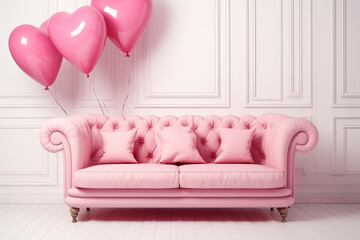 Valentine's Day Home Interior Design. Vintage Style Pink Sofa, White Wall, Heart Shape Balloons - Perfect for Birthday and Mother's Day