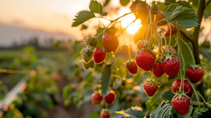 Red ripe strawberries ripen on the bushes in the rays of the setting sun.