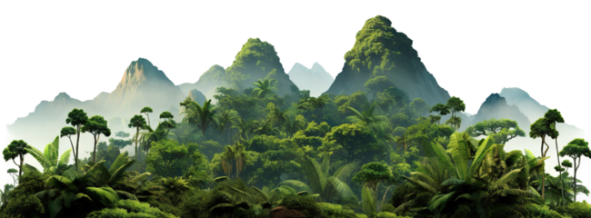 Lush green tropical rainforest landscape with misty mountains at dawn, cut out