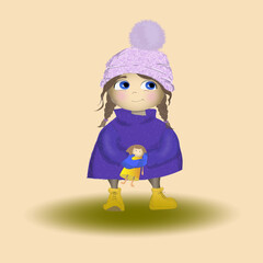 Little girl holding a doll. Autumn.