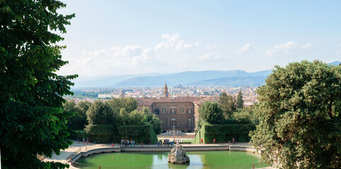 Panorama view of Palazzo Pitti from Boboli Garden in Florence with Cathedral of Santa Maria del Fiore - obrazy, fototapety, plakaty