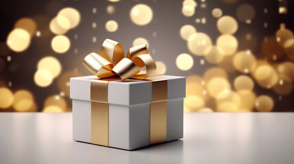 White and Gold Gift Box with Golden Ribbon wrapping Package, Gold Lights Blur bokeh Background