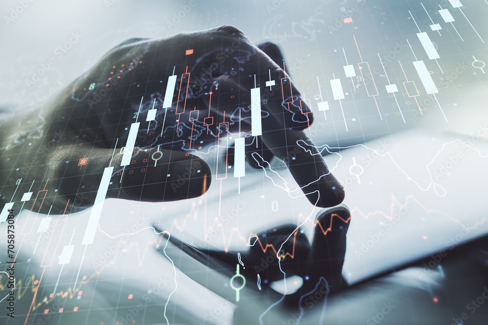 Poster multi exposure of abstract financial diagram with world map and hand working with a digital tablet o