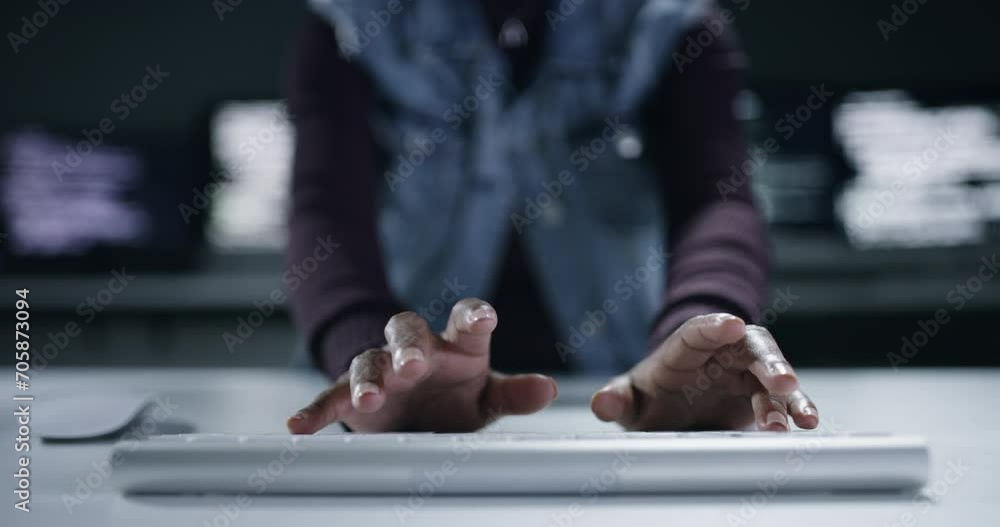 Aufkleber Business hands, typing on keyboard and programming, information technology, or cybersecurity at night. Programmer, software engineer or person with coding solution, research and computer in closeup