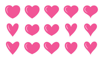Set of glossy hearts in pink color. Set of hearts in pink color, Pink heart icons set vector, Set of 15 hearts of different shapes for web. Heart collection. Vector Art